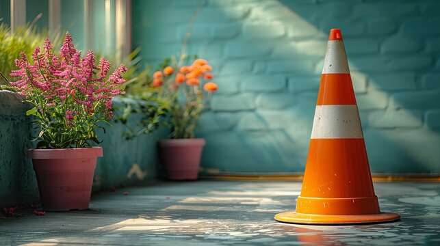 Orange traffic cone with reflective white stripe isolated on white and green background with clipping path