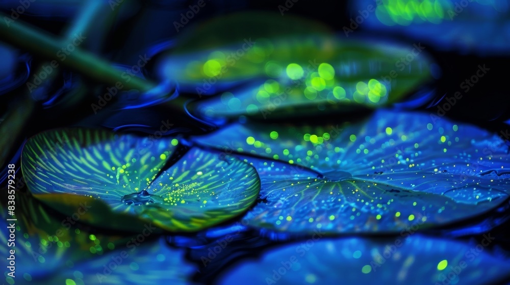 Poster a zoomedin look at the bioluminescent bacteria forming patterns on the surface of a lily pad on the 