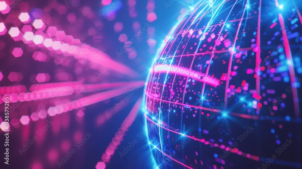 Poster vibrant beams of light emanating from a neon wireframe globe displaying a dynamic and modern take on