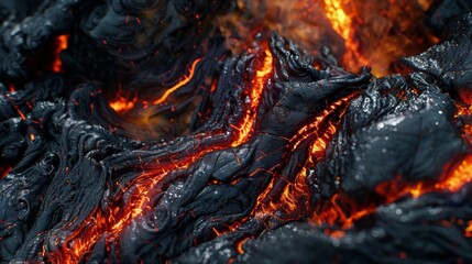 Jagged sharp edges of blackened obsidian jutting out from a bubbling sea of fiery lava emitting a radiant heat