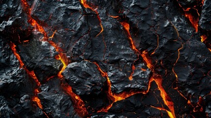 A closeup of a rock face slowly being consumed by creeping lava creating a stark contrast between the cool rough surface and the searing hot molten flow