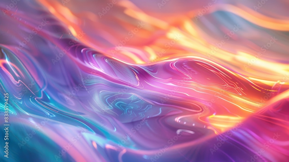 Poster radiant waves a smooth almost iridescent texture featuring a harmonious blend of luminous rainbow hu