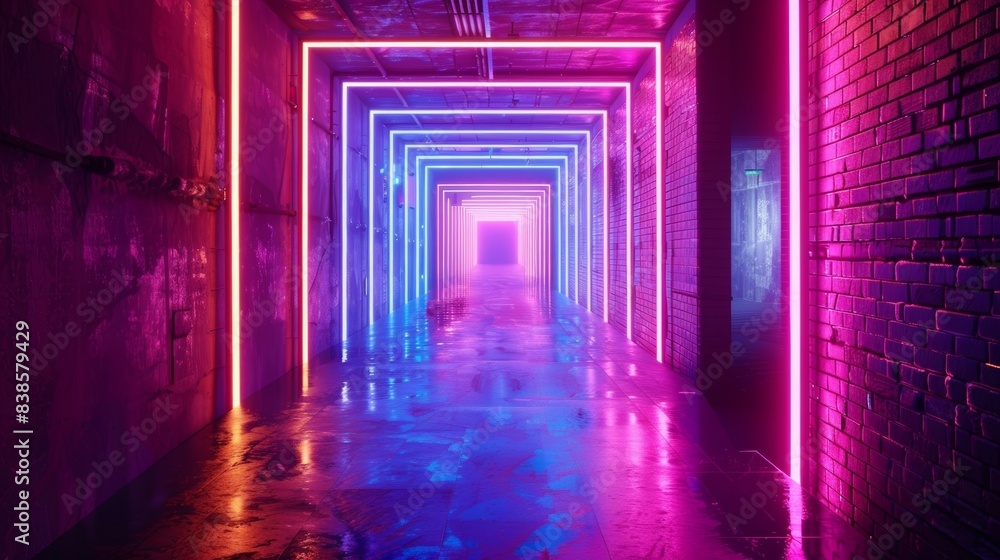 Poster an abstract pattern of neon lights illuminating a narrow pathway creating a futuristic atmosphere