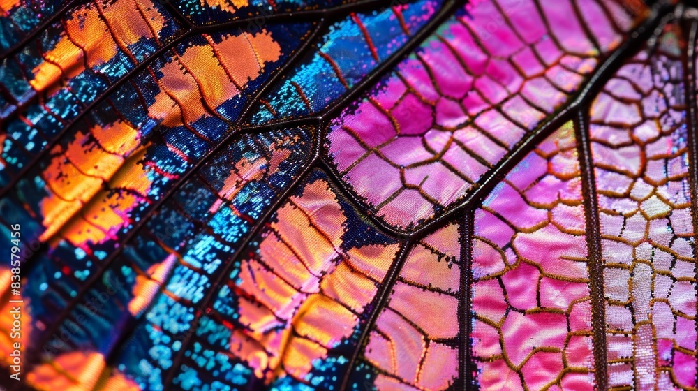 Poster the intricate pattern of a butterflys wing showcasing a rainbow of colors from pale pinks to deep pu