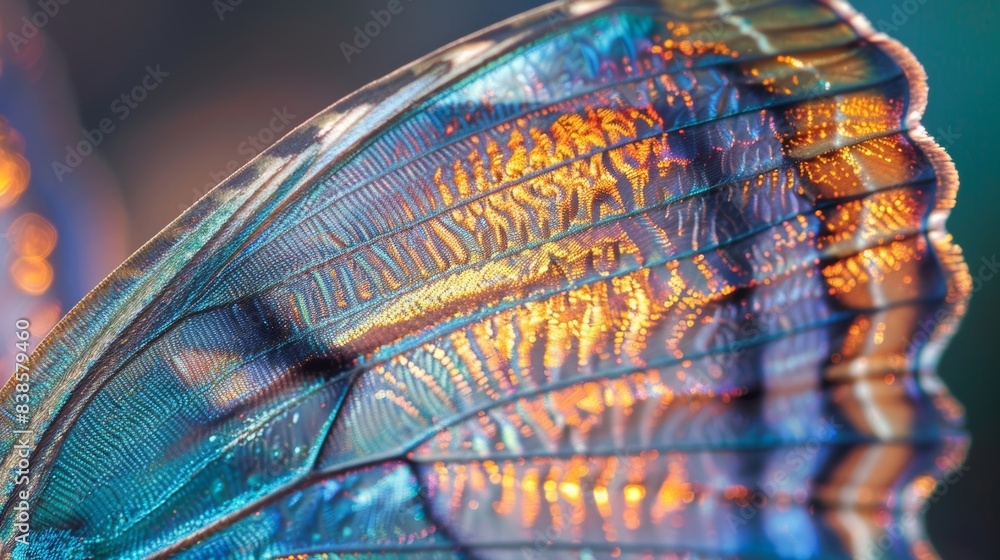 Poster the overlapping wings of a moth featuring a stunning iridescent gradient that spans from vivid blues