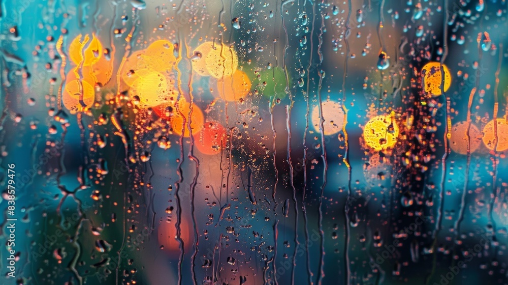 Poster as the rain continues to fall the window transforms into a canvas of shimmering glowing textures eac