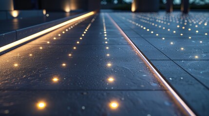 A detailed view of a smooth LEDlit pathway with the bright lights reflecting off the polished surface