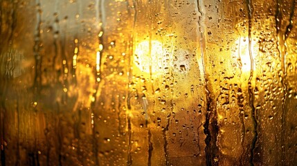The windowpane appears to be coated in liquid gold the water acting as a prism for the warm glowing street lamps