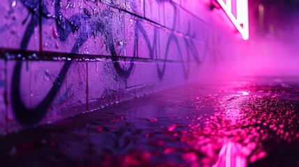 A closeup of a wet concrete wall adorned with graffiti and highlighted by neon lights piercing through the fog