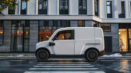 Fototapeta premium White modern electric delivery car on the street in city