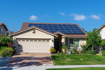 Fototapeta premium Single-story house with solar panels and landscaped yard