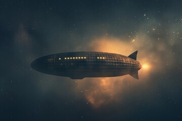 A black and white zeppelin with glowing lights flies through a dark night sky