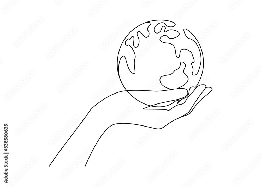 Fototapete One continuous line drawing of hand holding Earth globe. World environment day poster in simple linear style. Protect and save planet concept in editable stroke. Doodle contour vector illustration