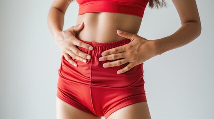 Woman in red sportswear gently touching her stomach, indicating discomfort or fitness focus. Health, fitness, and wellness concept. Menstruation