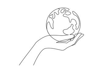 One continuous line drawing of hand holding Earth globe. World environment day poster in simple linear style. Protect and save planet concept in editable stroke. Doodle contour vector illustration