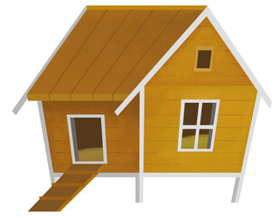 cartoon scene with farm element farm wooden house home chicken coop with birds rooster hens isolated background illustration for children
