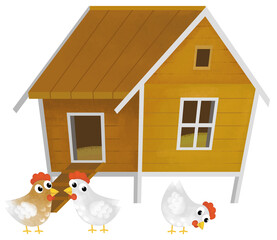 cartoon scene with farm element farm wooden house home chicken coop with birds rooster hens isolated background illustration for children © honeyflavour