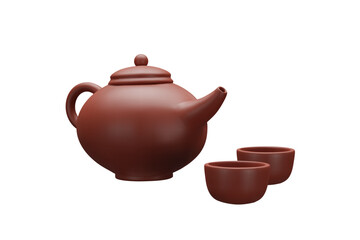 Brown clay teapot with cups 3D plastic cartoon style icon, vector render volume pottery fictile, tea ceremony set