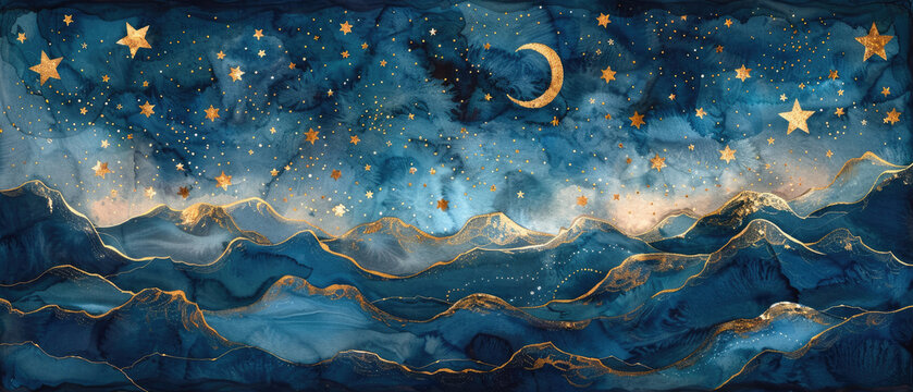 Magical and strange wide illustration night sky with dark blue clouds mountains and white gold stars painting the soft watercolor