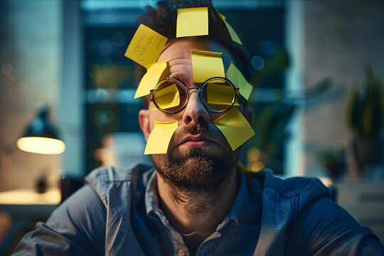 Man works 24\7. Working at night. Office manager with paper notes on his face. Workaholics Day and deadline concept. 