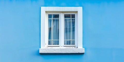 Fototapeta premium Empty Light Blue Painted Wall with White Window, llustration for cover, card, postcard, interior design, banner, poster, brochure or presentation - AI Generated
