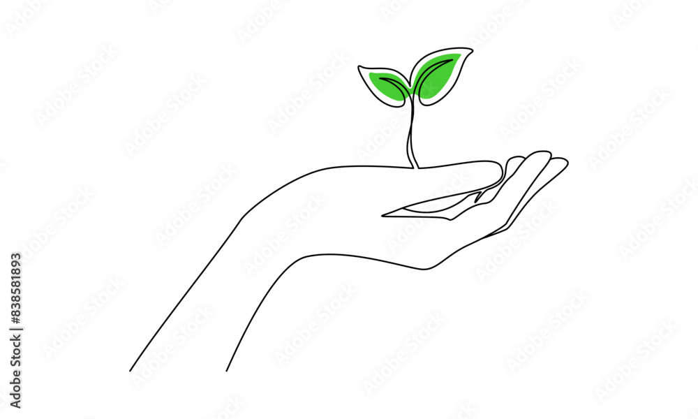 Aufkleber hand holding plant with leaf in one continuous line drawing. green sprout tree and gardening symbol 