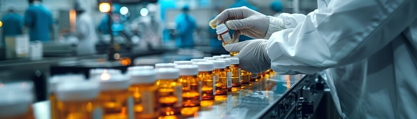Fototapeta premium Production line conveyor belt Pharmacist scientist with sanitary gloves examining medical vials.
