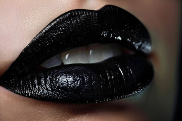 Macro black lips. Woman bright make up. Glossy shiny Lipstick cosmetic. Black lipstick. Close up woman's red lips. Gothic Makeup Lips