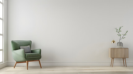 Living room style minimal with green armchair on empty white wall background- 3D rendering