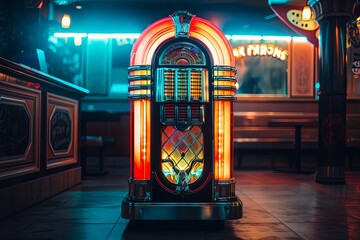 A classic jukebox with colorful lights in a dimly lit bar