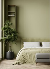 Naklejka premium Fancy green and khaki bedroom with rich cozy bed and olive green bedding