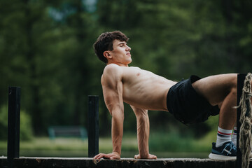 Athletic young man performing triceps dips outdoors on a wooden platform amidst a lush green park...
