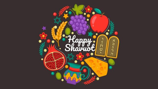 Happy Shavuot Greetings with Hand draw Illustration, 4k video, Flat Animation