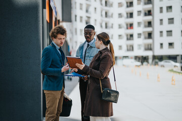 Three professionals engaging in a business discussion with digital tablet outside modern office buildings in the city. Collaborative teamwork in a casual setting.