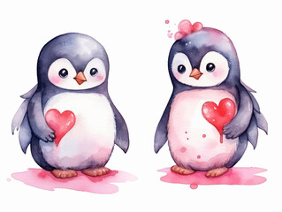 Set of animals illustrations in Water color, cute penguins, hearts and flowers, love card for valentine