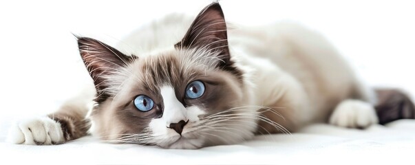 Obraz premium A beautiful Ragdoll cat with striking blue eyes lying down on a white background, showcasing its fluffy fur and relaxed demeanor.
