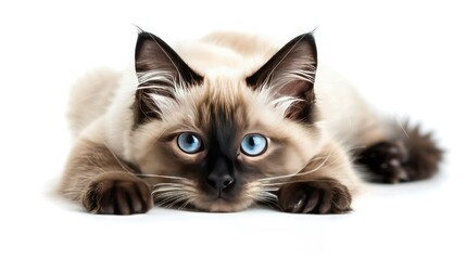 Cute Himalayan cat with piercing blue eyes lying down against a white background, showcasing its fluffy fur and playful demeanor.