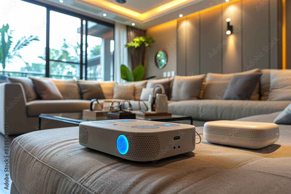 Poster a smart home hub controlling various devices with voice commands. concept of home automation technol