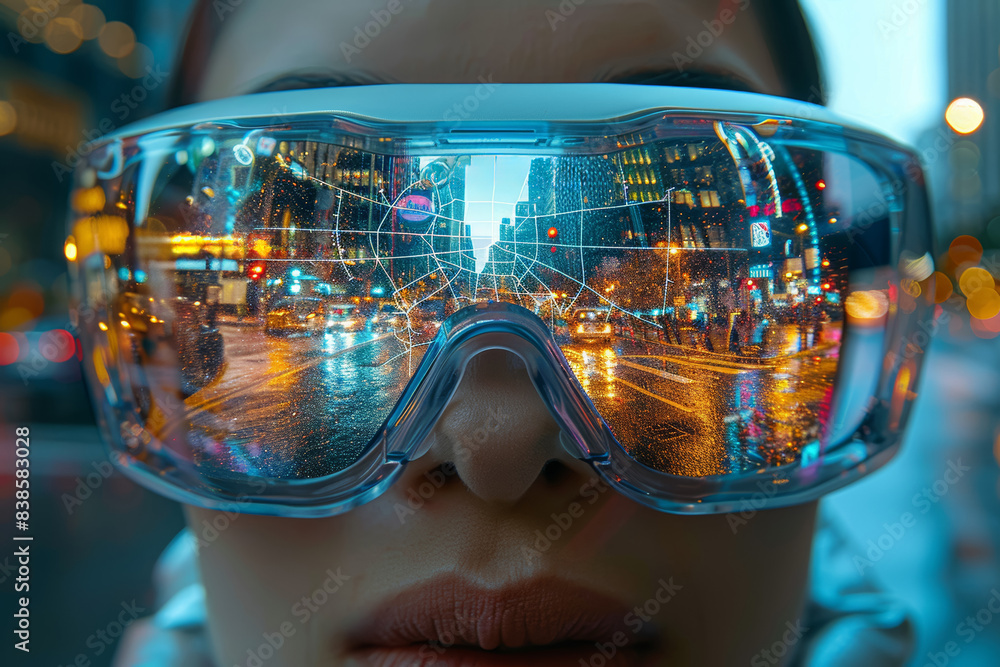 Poster a person using augmented reality glasses to navigate a city. concept of augmented reality and urban 