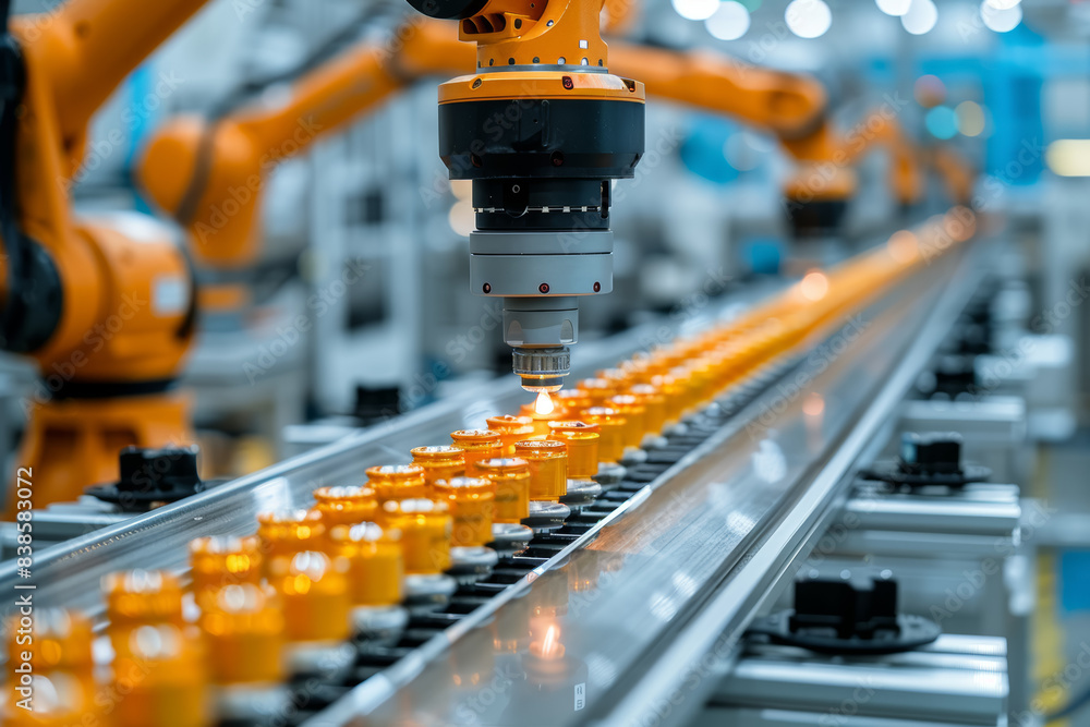 Poster a robotic arm assembling components on a production line. concept of industrial automation and effic