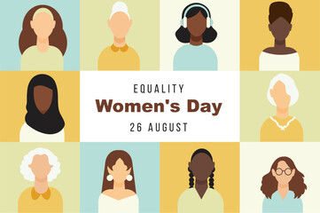 Banner for Women's Equality Day in the USA. August, 26th. Set of colored icons, women with different hairstyles and nationalities, women's icons in flat style