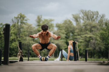Young man performing squats on a wooden bridge outdoors, showcasing fitness and exercise in nature