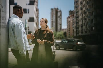 In a sunlit city scenario, a casually dressed man and woman engage in a conversation, with city...