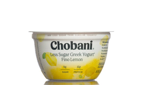 Chicago, USA - June 3, 2024: A brand new cup of Chobani less sugar greek yogurt fino lemon flavor.