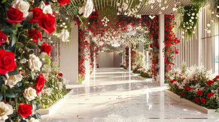 Fototapeta premium A modern event space decorated with large floral arrangements hanging from the cieling and all around the space