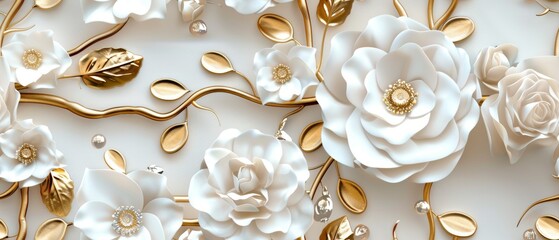Elegant White and Gold Floral 3D Wall Art. White and Gold on Pure Background. 