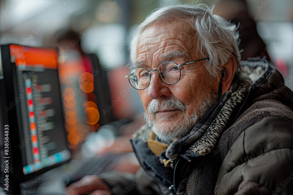 Poster a retiree attending a computer class, learning about new technologies. concept of digital literacy a