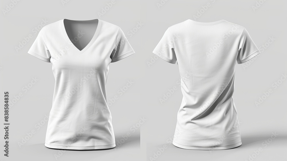 Poster womens vneck tshirt mockup in front and back views design presentation for print 3d illustration and