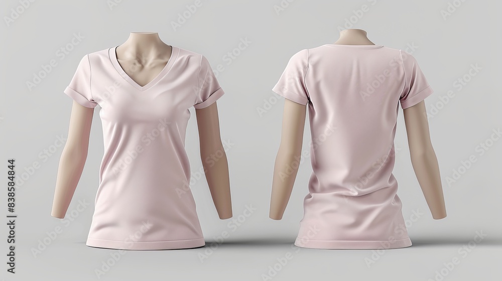 Poster womens vneck tshirt mockup in front and back views design presentation for print 3d illustration and