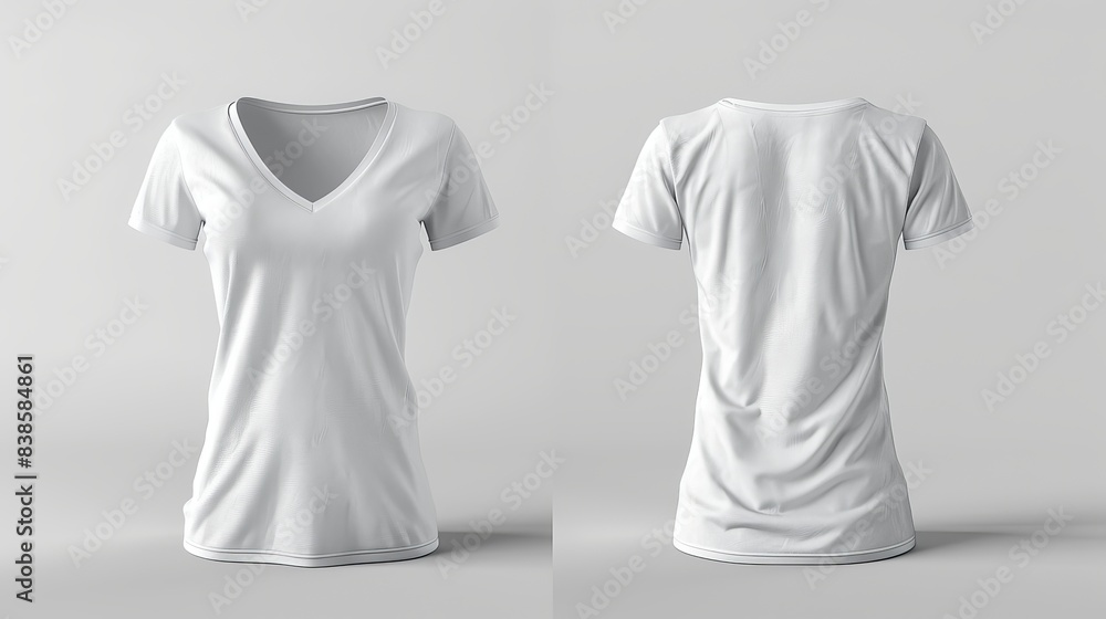 Fototapete Womens vneck tshirt mockup in front and back views design presentation for print 3D illustration and rendering